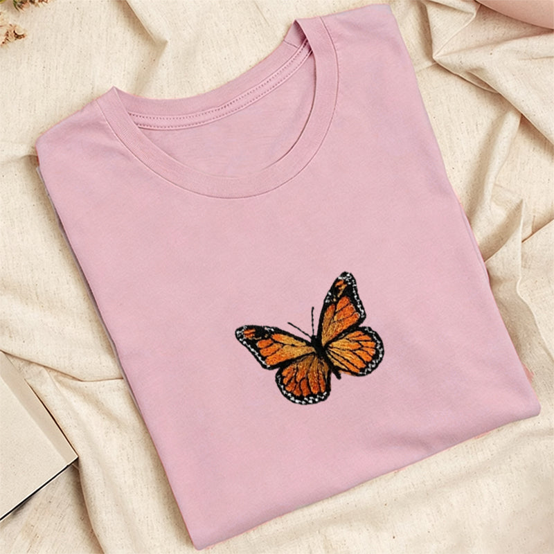 Embroidered Monarch Butterfly Classic Adult Unisex Crew Neck T-Shirt