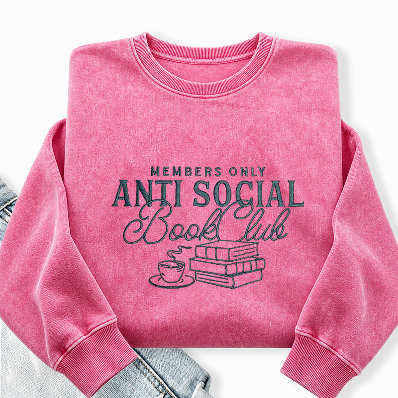 Embroidered Anti-Social Book Club Washed Crewneck Sweatshirt