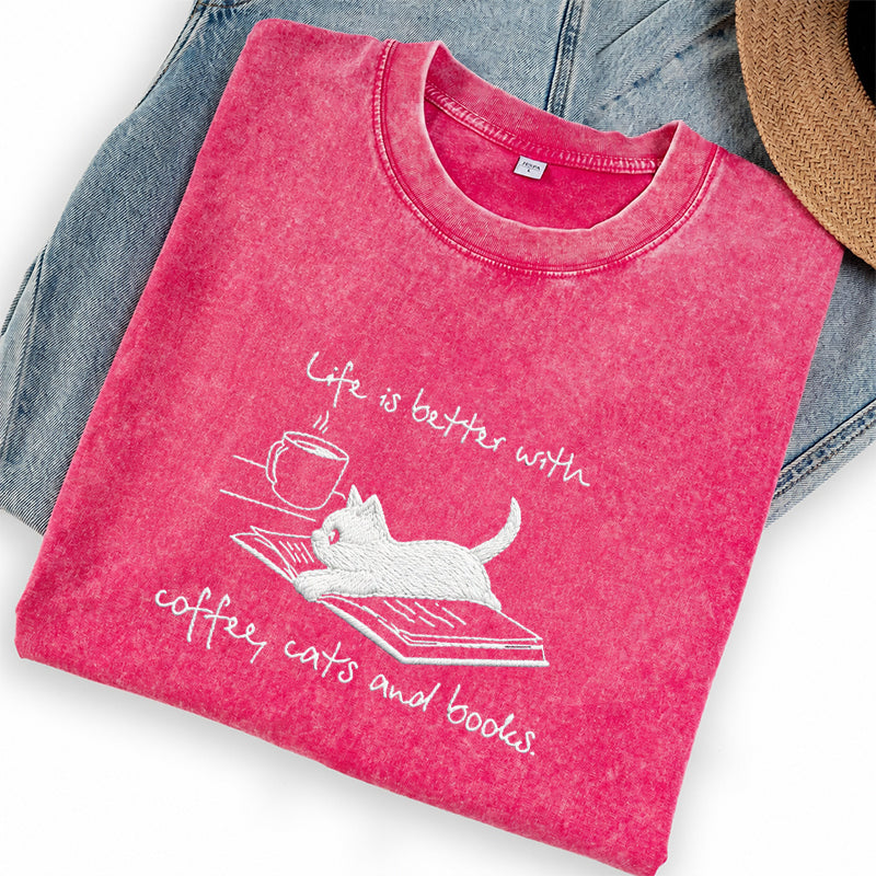 Embroidered Coffee Cat and Books Washed Crew Neck T-Shirt