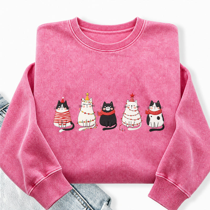 Embroidered Cute Cat Christmas Washed Crewneck Sweatshirt