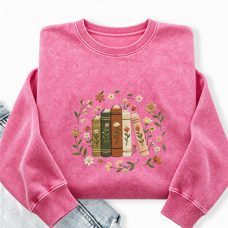 Embroidered Floral Book Stack Washed Crewneck Sweatshirt