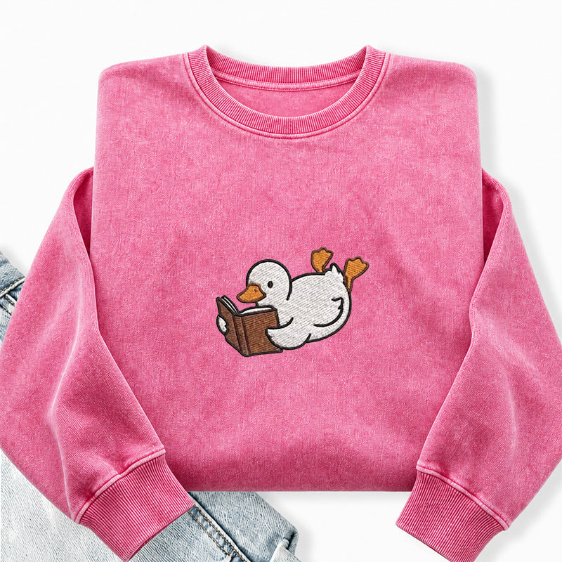Embroidered Reading Duck Washed Crewneck Sweatshirt