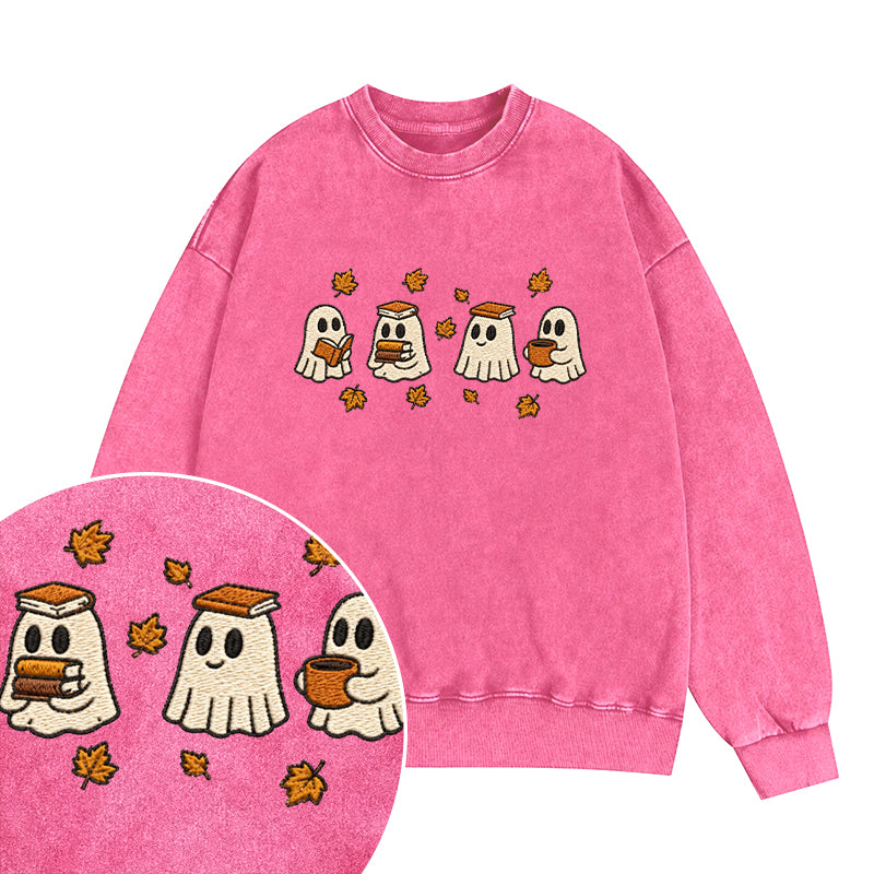 Embroidered Autumn Bookish Ghost Washed Crewneck Sweatshirt