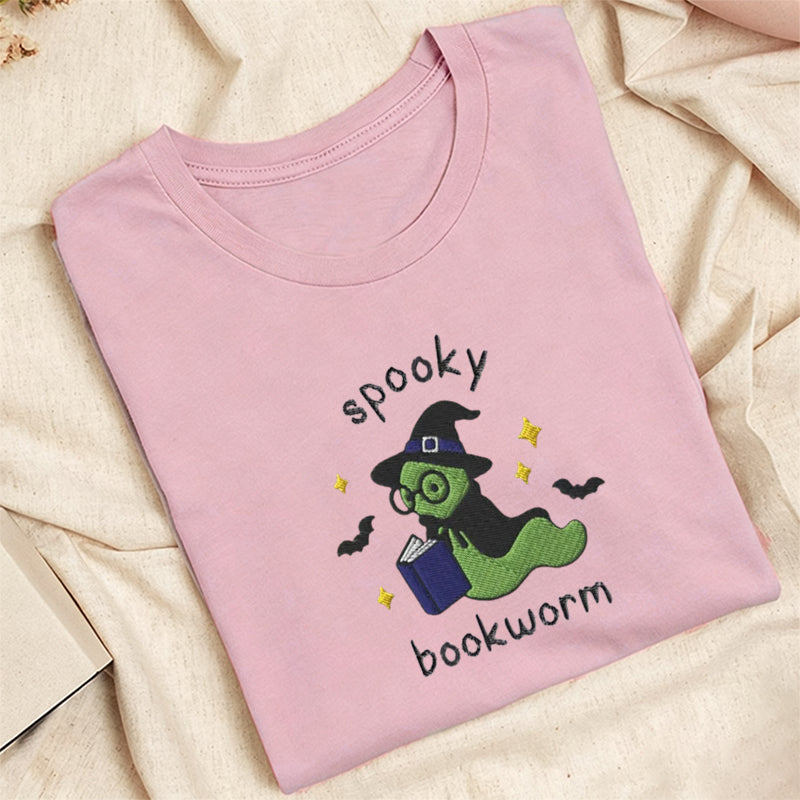 Embroidered Spooky Bookworm Classic Adult Unisex Crew Neck T-Shirt
