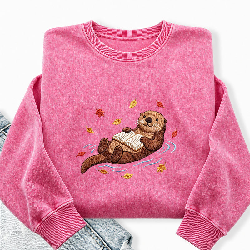 Embroidered Otter Reading Book Washed Crewneck Sweatshirt