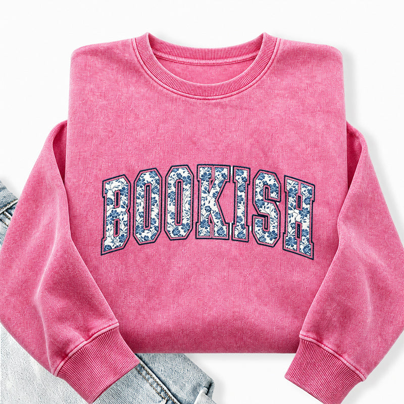 Embroidered Retro Bookish Washed Crewneck Sweatshirt