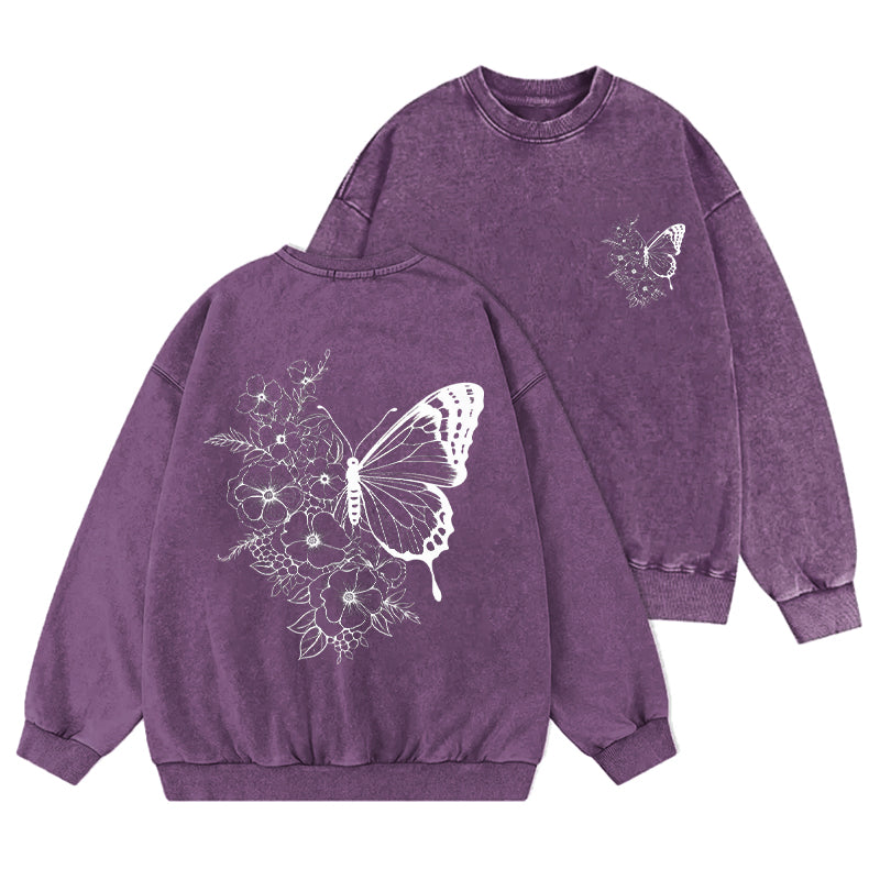 Floral Butterfly Washed Crewneck Sweatshirt