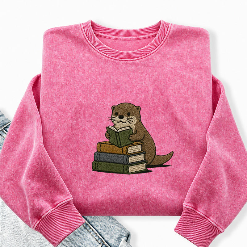 Embroidered Reading Otter Washed Crewneck Sweatshirt