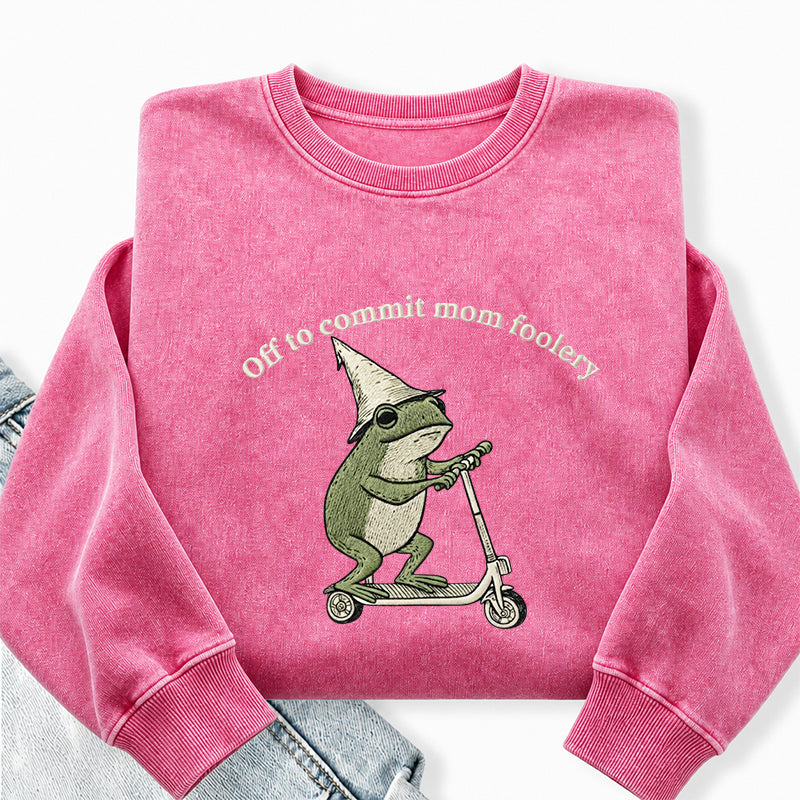 Embroidered Off To Commit Mom Foolery Washed Crewneck Sweatshirt