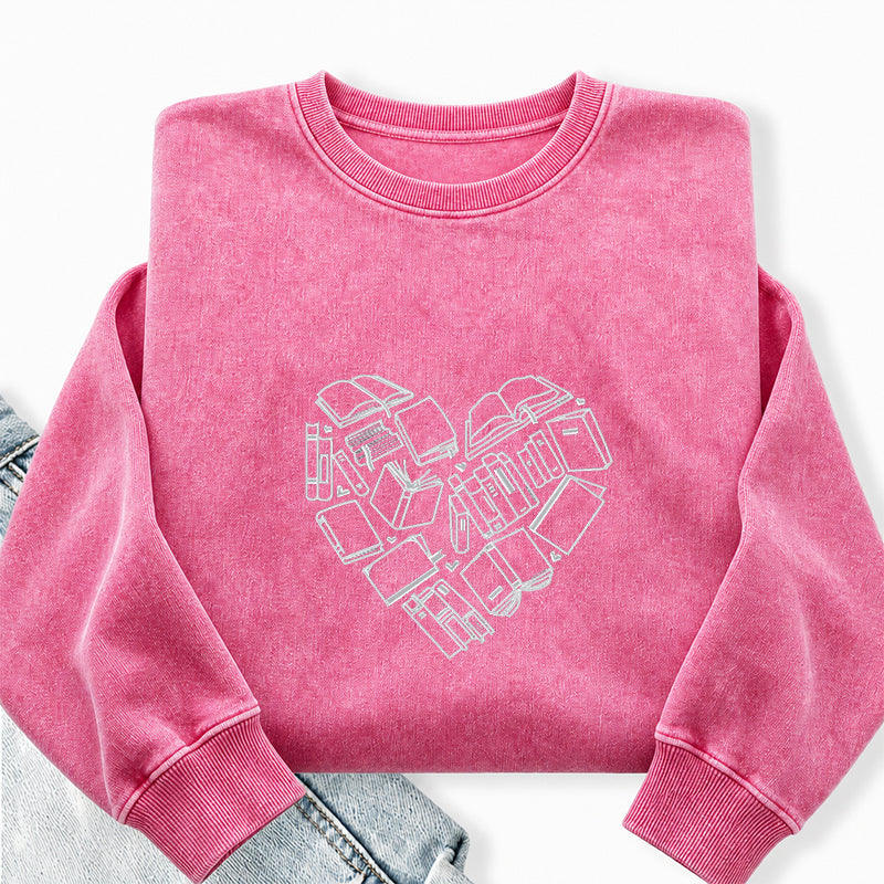 Embroidered Book Heart Washed Crewneck Sweatshirt