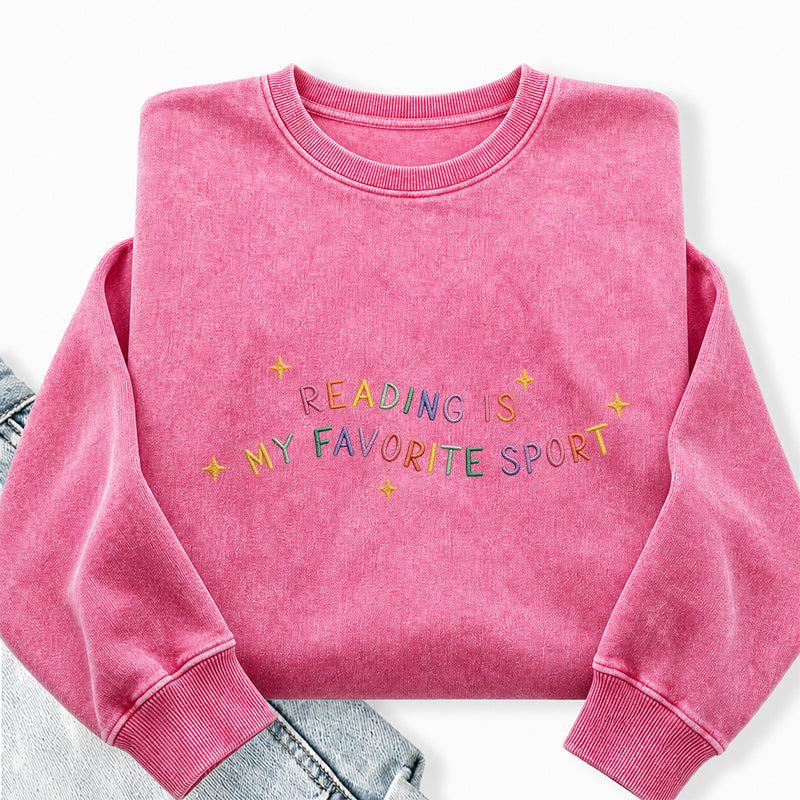 Embroidered Reading Is My Favorite Sport Washed Crewneck Sweatshirt