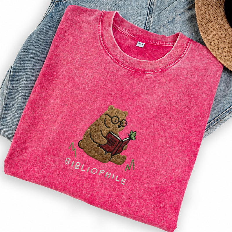 Embroidered Reading Bear Washed Crew Neck T-Shirt