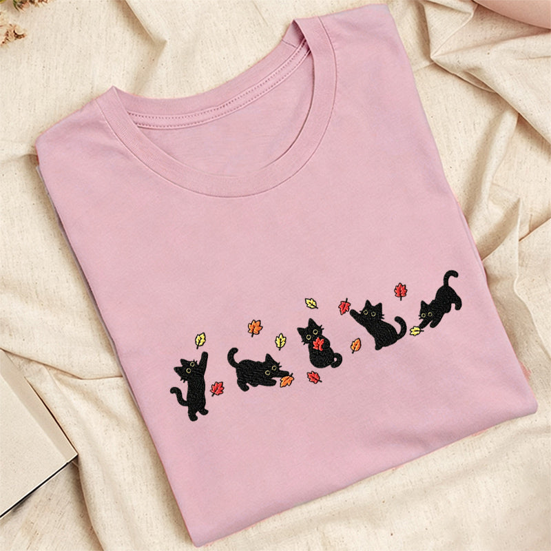 Embroidered Autumn Leaves Black Cats Classic Adult Unisex Crew Neck T-Shirt