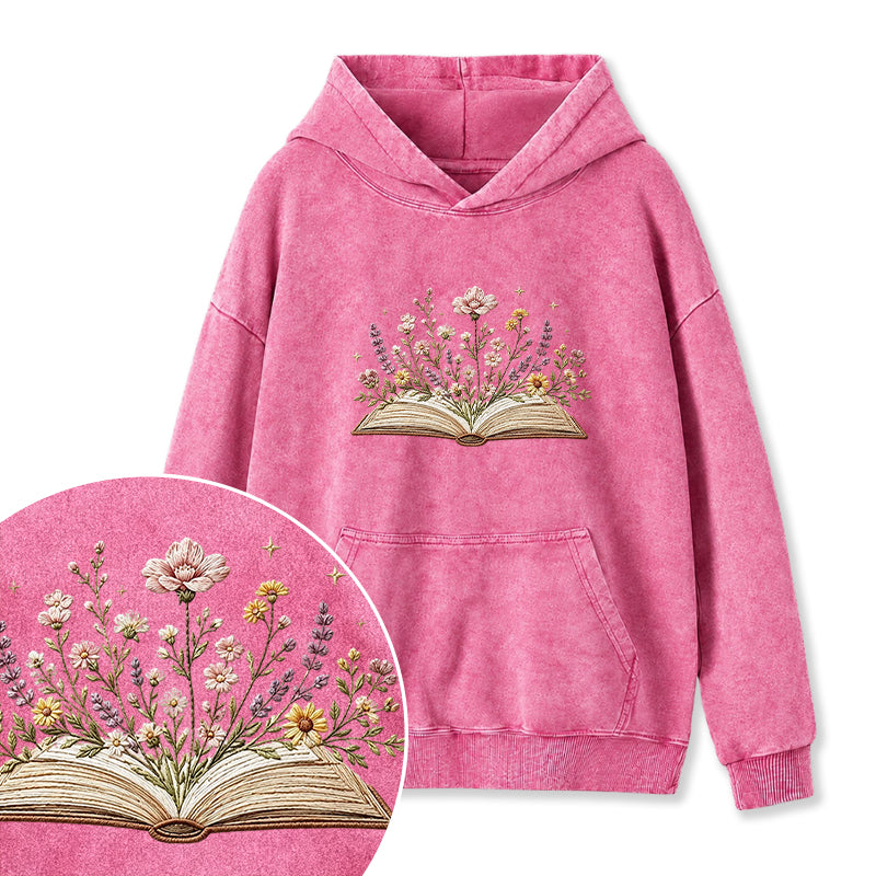 Embroidered Floral Book Washed Hoodie