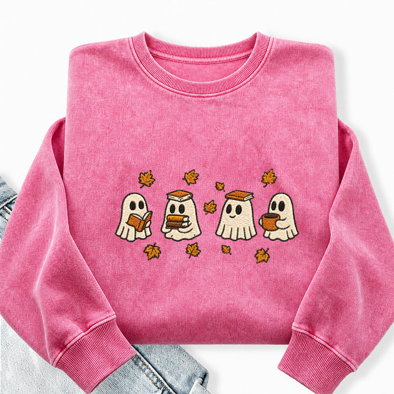 Embroidered Autumn Bookish Ghost Washed Crewneck Sweatshirt