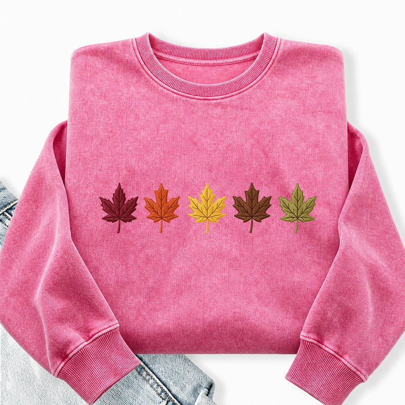 Embroidered Fall Maple Leaves Washed Crewneck Sweatshirt