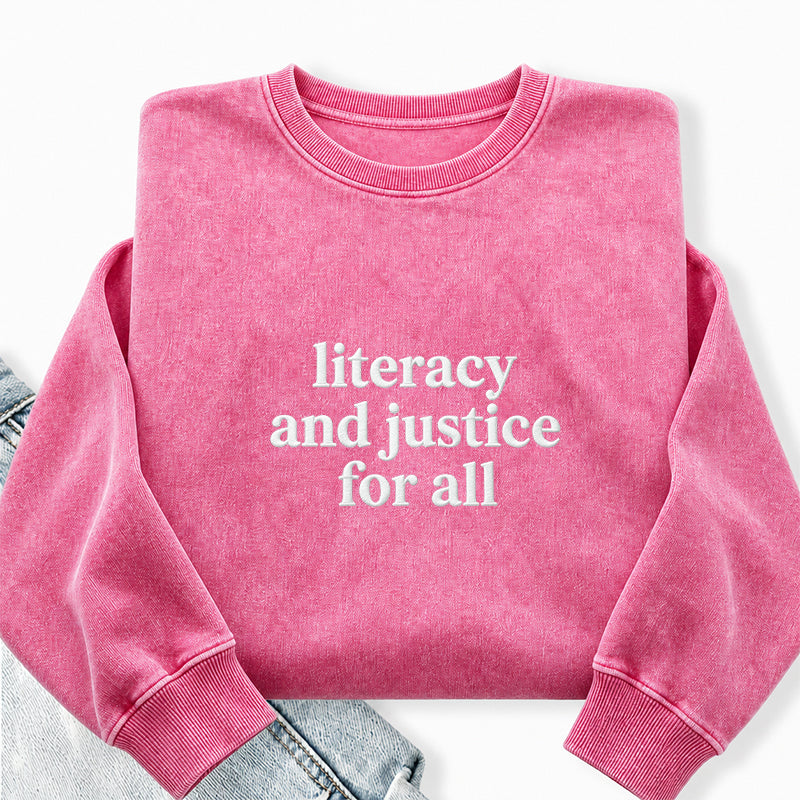 Embroidered Literacy And Justice For All Washed Crewneck Sweatshirt