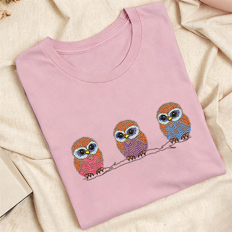 Embroidered Cute Owl Classic Adult Unisex Crew Neck T-Shirt