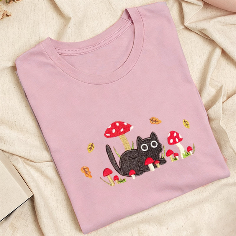Embroidered Mushroom Cat Classic Adult Unisex Crew Neck T-Shirt