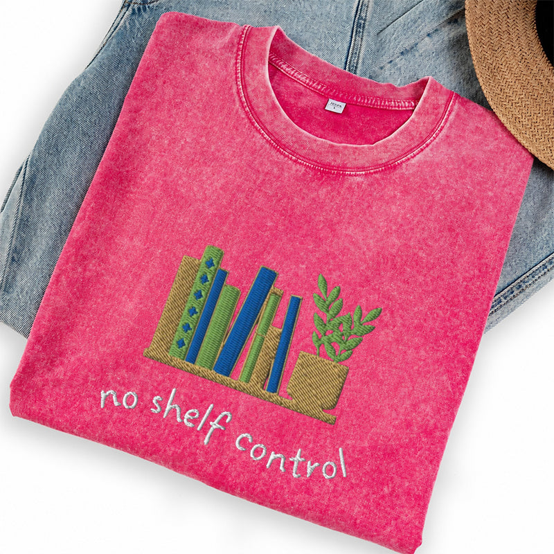 Embroidered No Shelf Control Book Washed Crew Neck T-Shirt