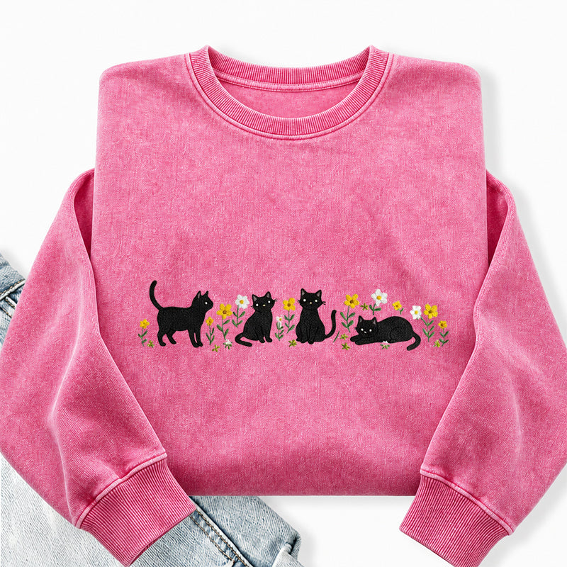 Embroidered Floral Black Cat Washed Crewneck Sweatshirt