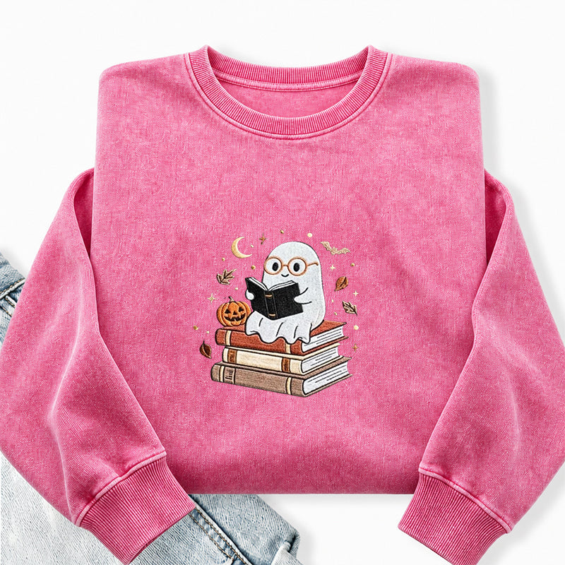 Embroidered Ghost Reading Books Washed Crewneck Sweatshirt