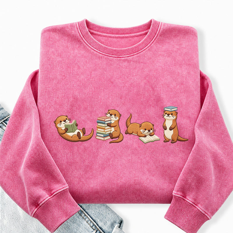 Embroidered Otter Reading Book Washed Crewneck Sweatshirt