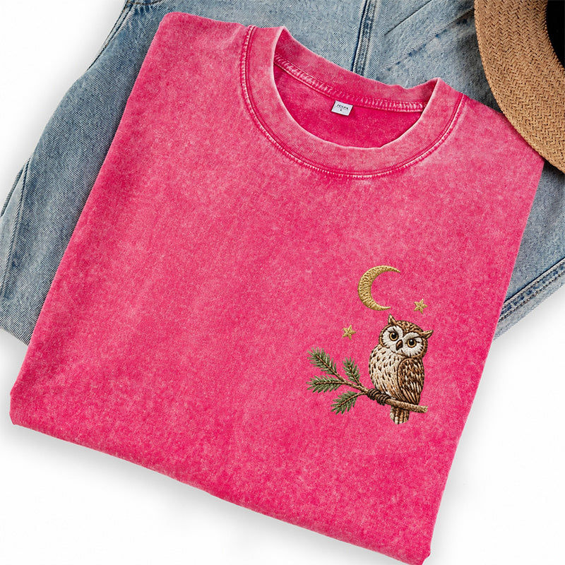 Embroidered Night Owl Washed Crew Neck T-Shirt