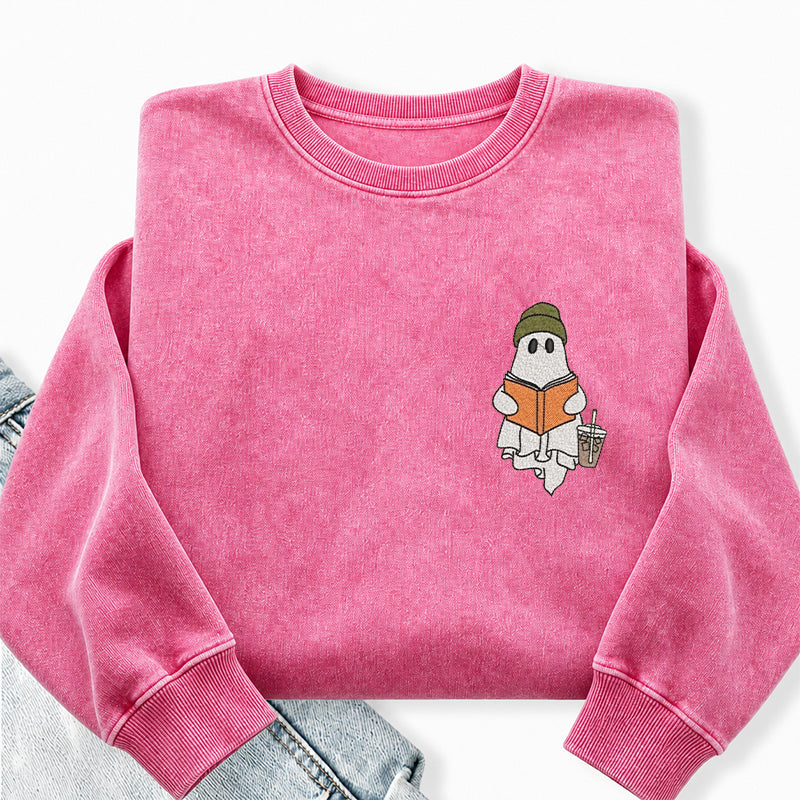 Embroidered Cute Ghost Reading Washed Crewneck Sweatshirt