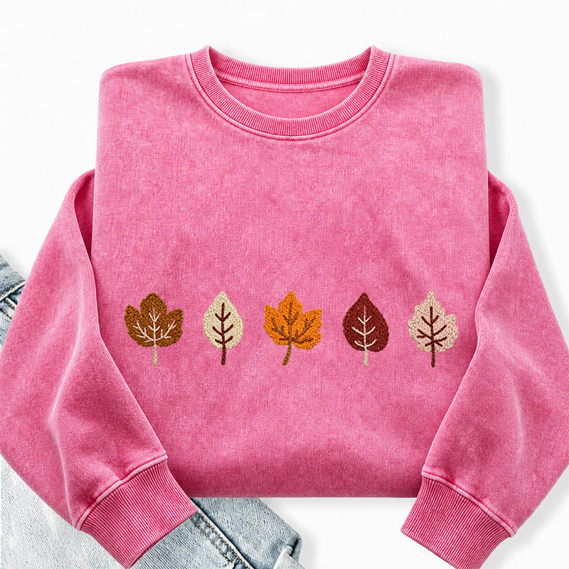 Embroidered Fall Leaves Washed Crewneck Sweatshirt