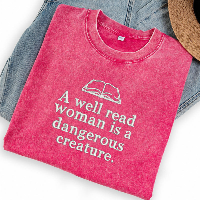 Embroidered A Well Read Woman Washed Crew Neck T-Shirt