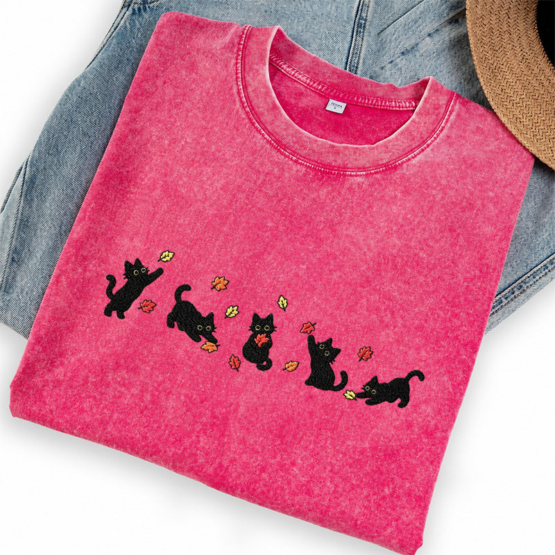 Embroidered Fall Leaves Black Cats Washed Crew Neck T-Shirt