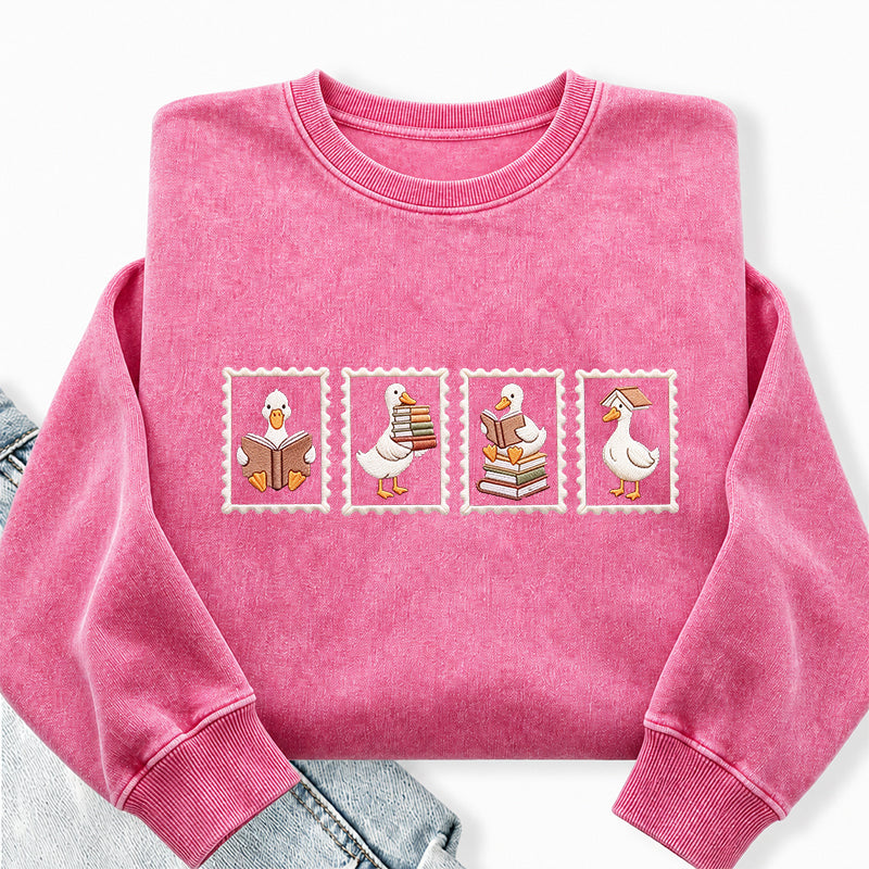 Embroidered Goose Reading Stamp Washed Crewneck Sweatshirt