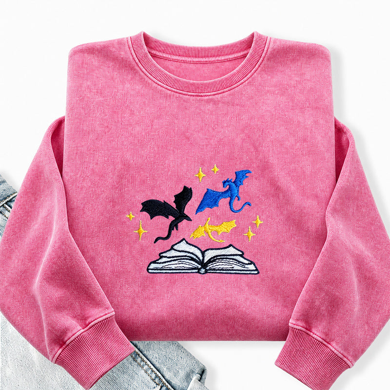 Embroidered Book And Dragons Washed Crewneck Sweatshirt