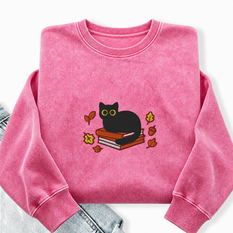 Embroidered Autumn Black Cat Book Washed Crewneck Sweatshirt