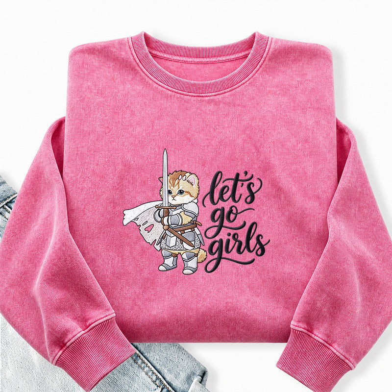 Embroidered Let's Go Girls Knight Cat Washed Crewneck Sweatshirt