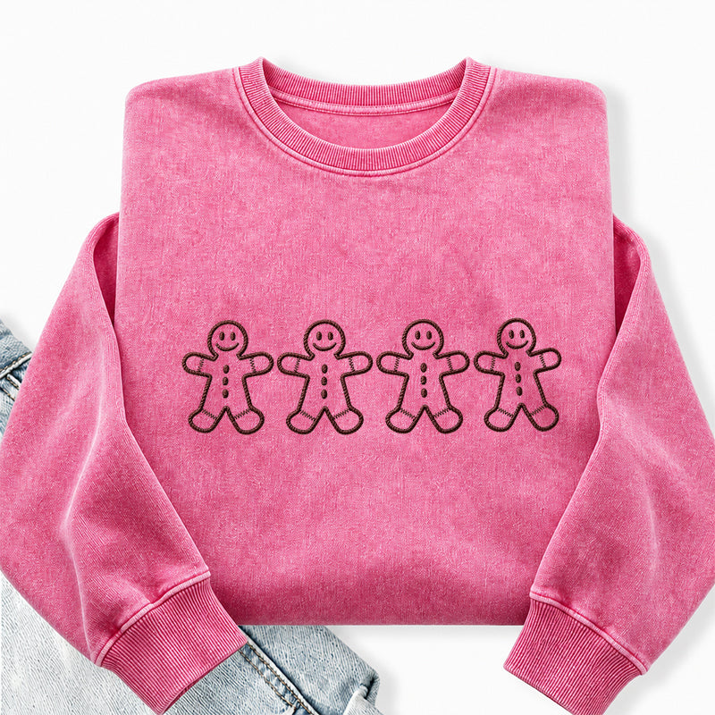 Embroidered Gingerbread Men Christmas Washed Crewneck Sweatshirt