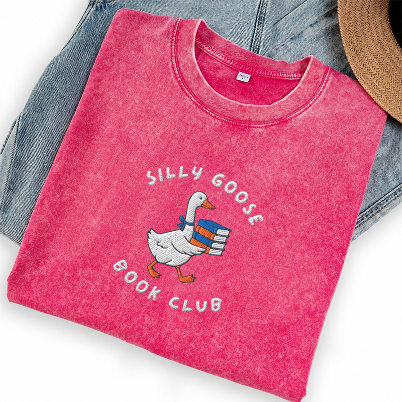 Embroidered Silly Goose Book Club Washed Crew Neck T-Shirt