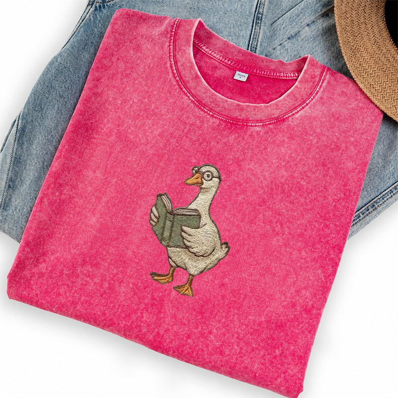 Embroidered Reading Goose Washed Crew Neck T-Shirt