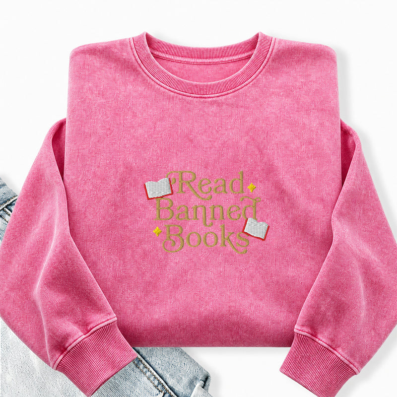 Embroidered Read Banned Books Washed Crewneck Sweatshirt