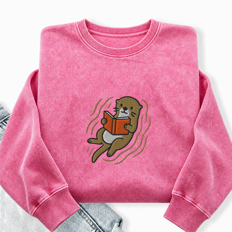 Embroidered Otter Read Book Washed Crewneck Sweatshirt