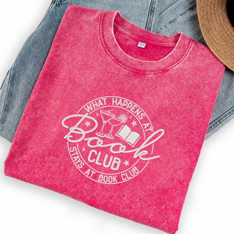 Embroidered Funny Book Club Washed Crew Neck T-Shirt