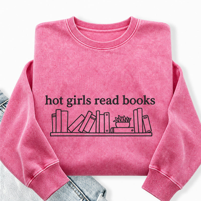 Embroidered Hot Girls Read Books Washed Crewneck Sweatshirt