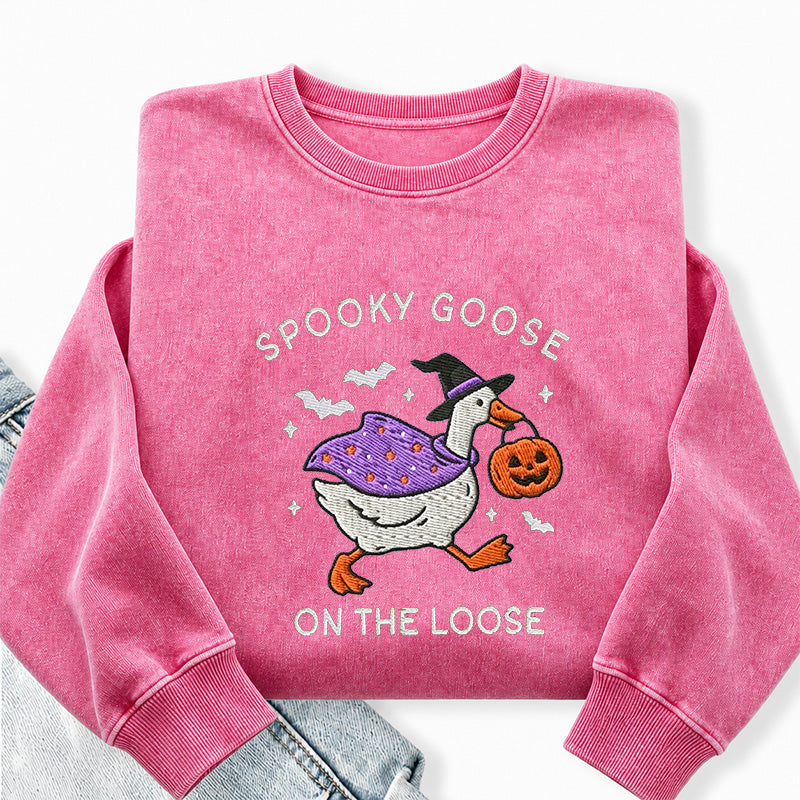 Embroidered Spooky Goose Washed Crewneck Sweatshirt