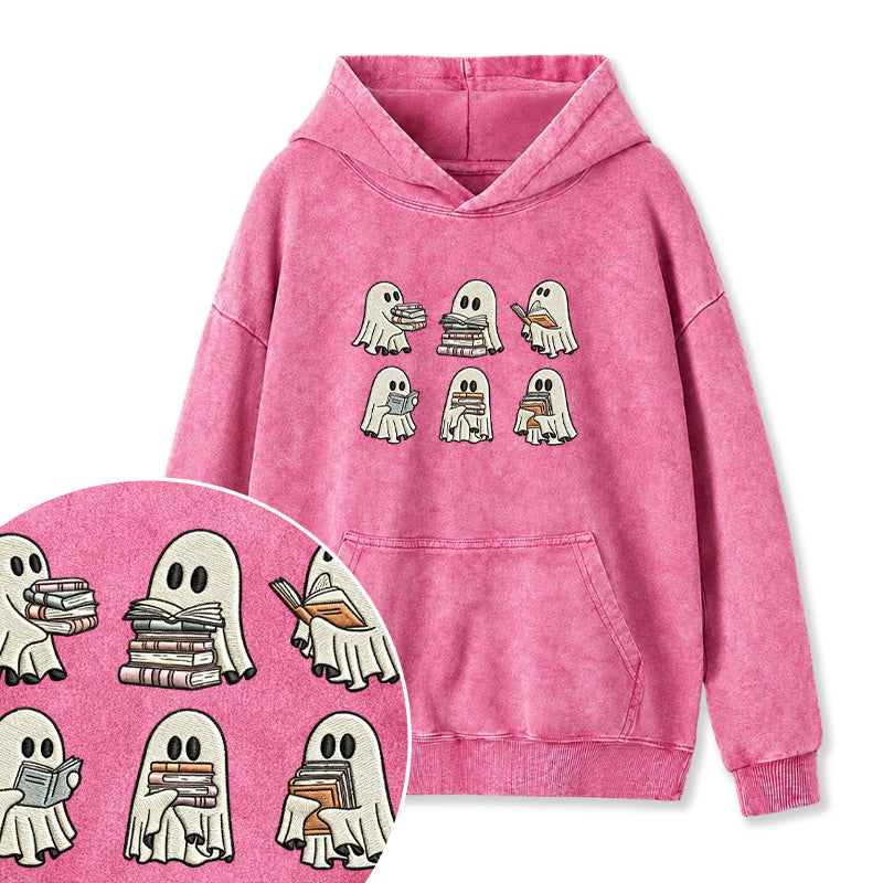 Embroidered Halloween Ghost Book Washed Hoodie