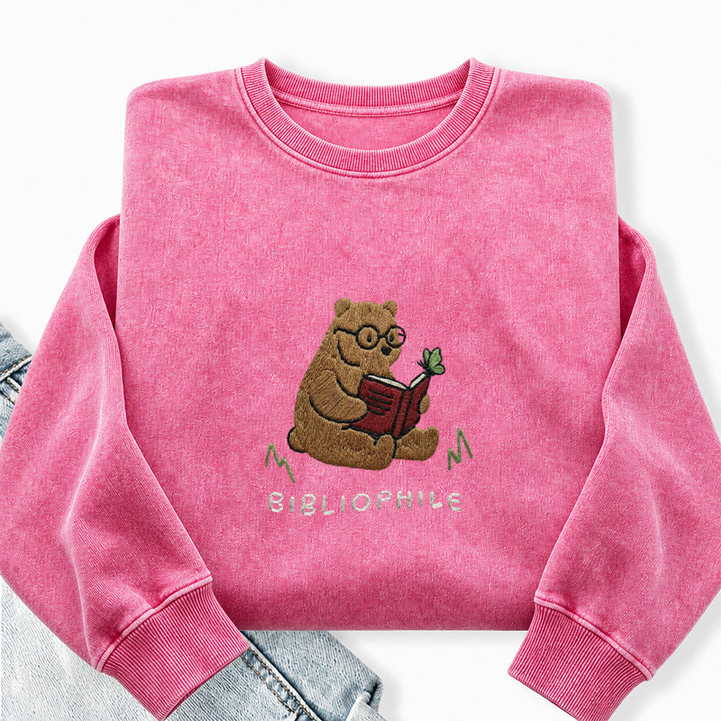 Embroidered Reading Bear Washed Crewneck Sweatshirt