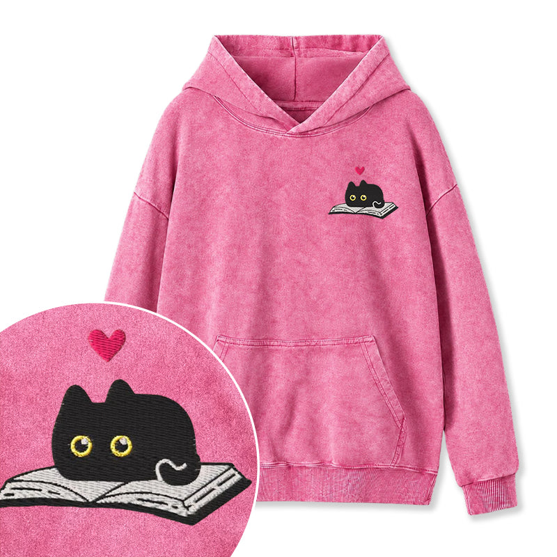 Embroidered Black Cat and Book Washed Hoodie