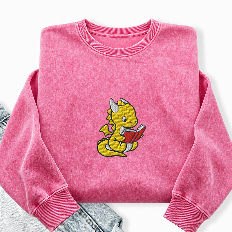 Embroidered Dragon Reading Books Washed Crewneck Sweatshirt