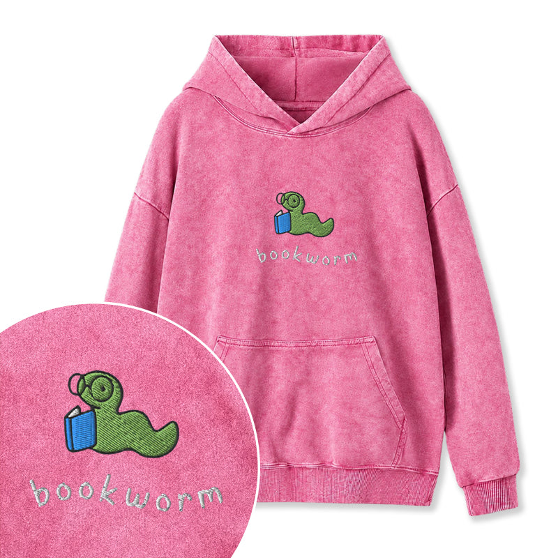 Embroidered Funny Bookworm Washed Hoodie