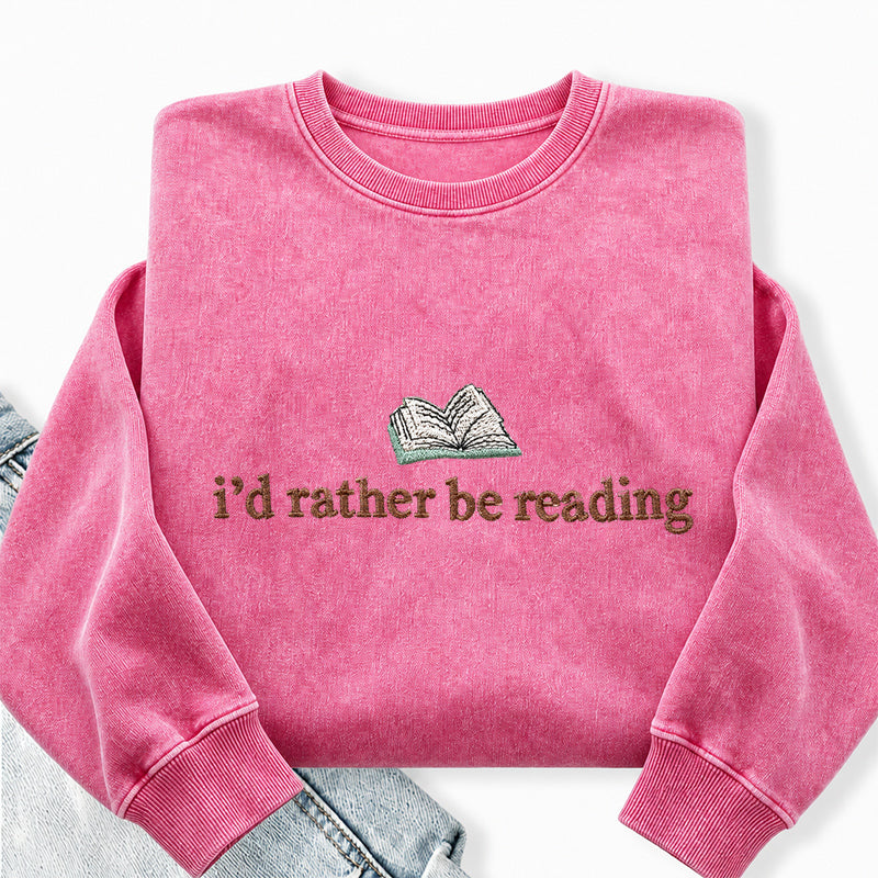 Embroidered I'd Rather Be Reading Washed Crewneck Sweatshirt